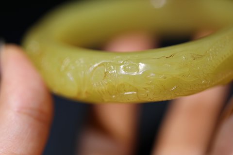 明代和田黄玉双龙吐珠福镯古玉老玉明清玉