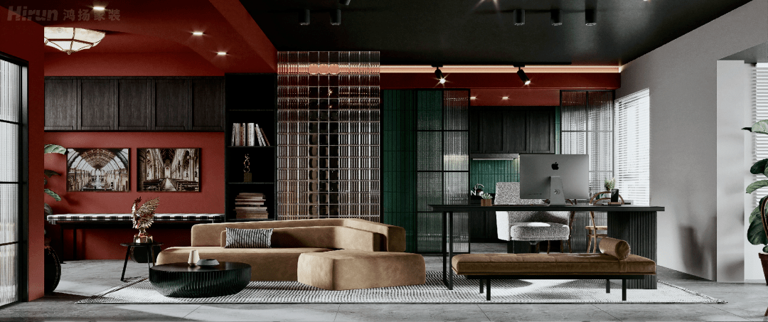 鸿扬家装优秀设计案例展示:以勃艮第红演绎中古风潮_空间_客厅_厨房