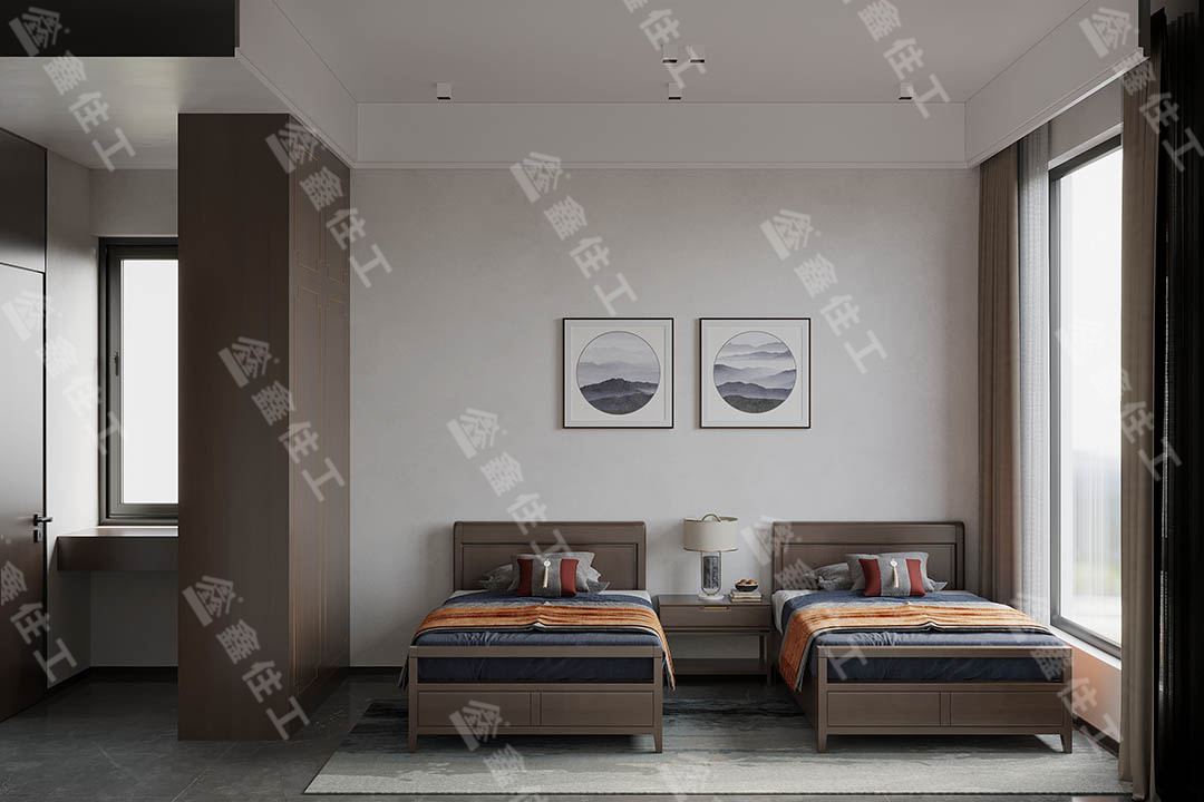 (yi-100二层版室内效果图)父母房设计为双床房,这样的贴心设计更好