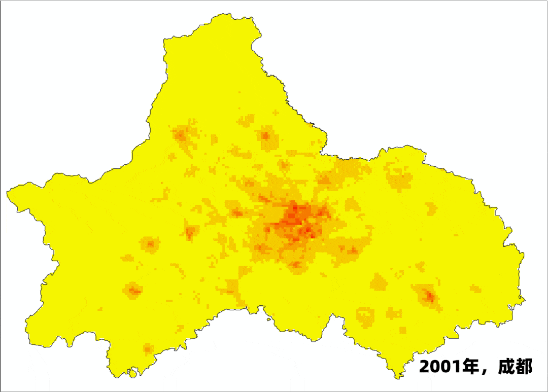 2001-2020年成都人口密度变化情况(单位:人/km05,图据中国地铁
