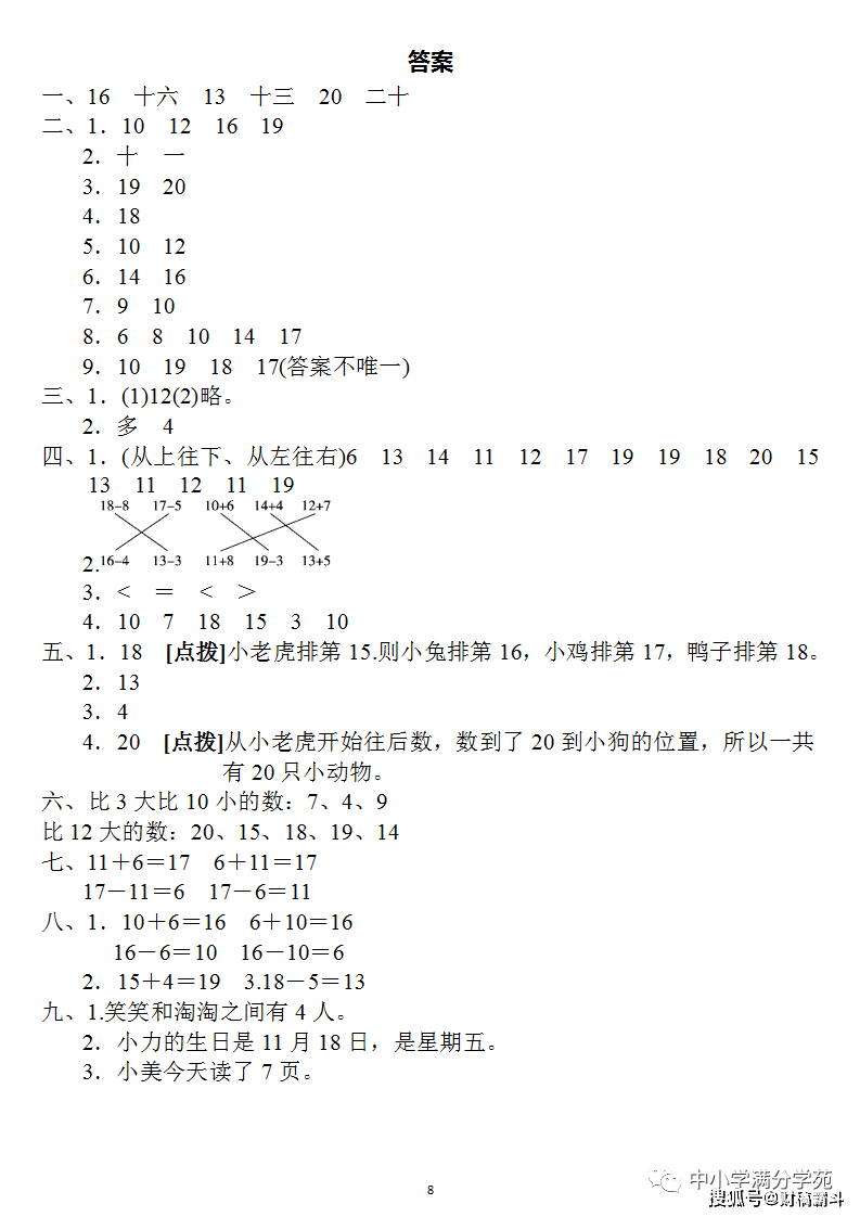 一年级数学上册：第六单位检测卷4套+谜底，典范、全面，可下载！