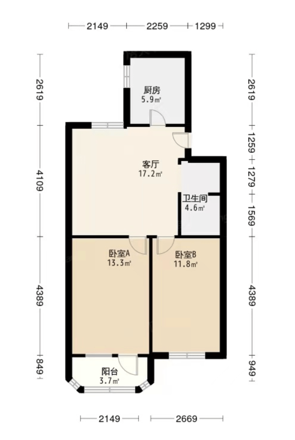 67平米两室一厅户型图图片