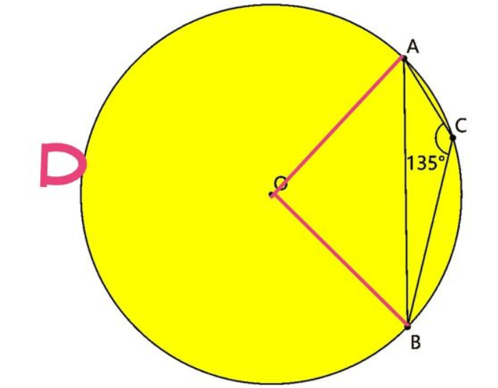 圆o半径为2,a,b,c为圆上的点,已知∠acb=135度,求弦ab长