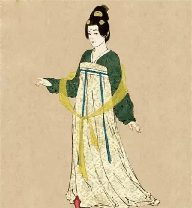 衣裙渐宽,裙腰下移,服色艳丽;至中晚唐时,衣裙日趋宽肥,女子往往褒衣