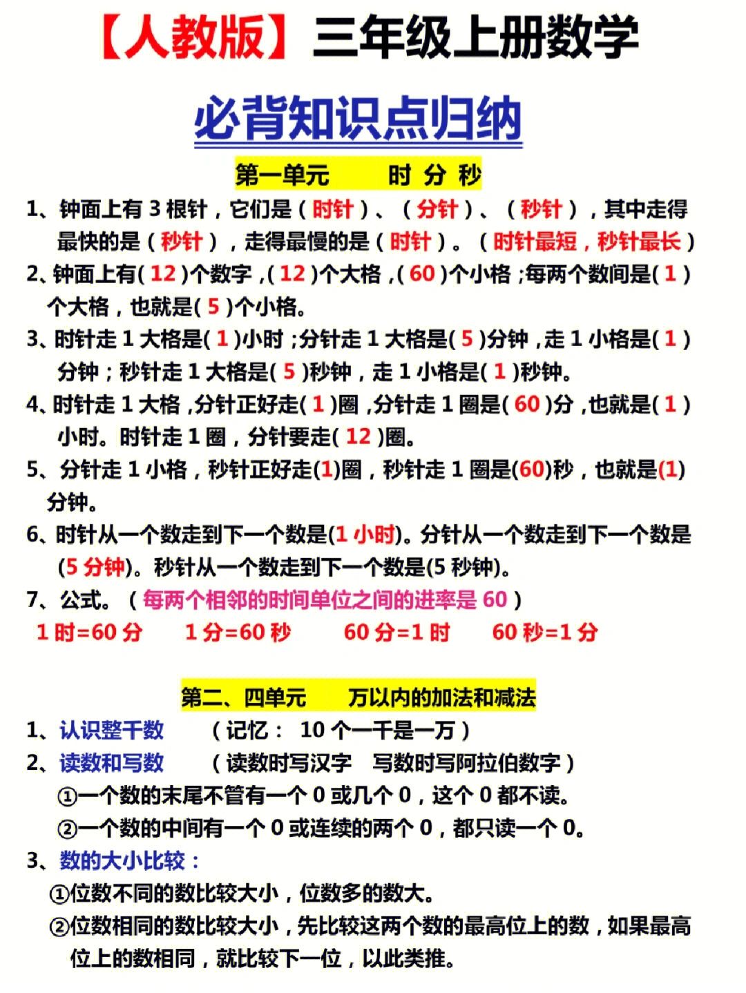 三年级上册数学常识点归纳总结图片和谜底，小学数学常识