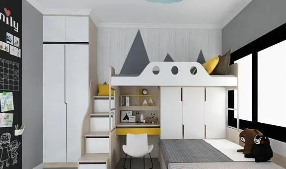 在7字型错开式上下床设计中,将下床直接做成榻榻米也是不错的选择