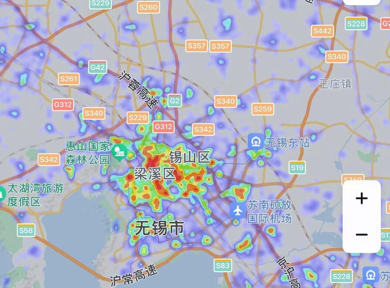 无锡热力图晚上8:00左右,在同一比例尺下可以看到华东五虎城市的热力