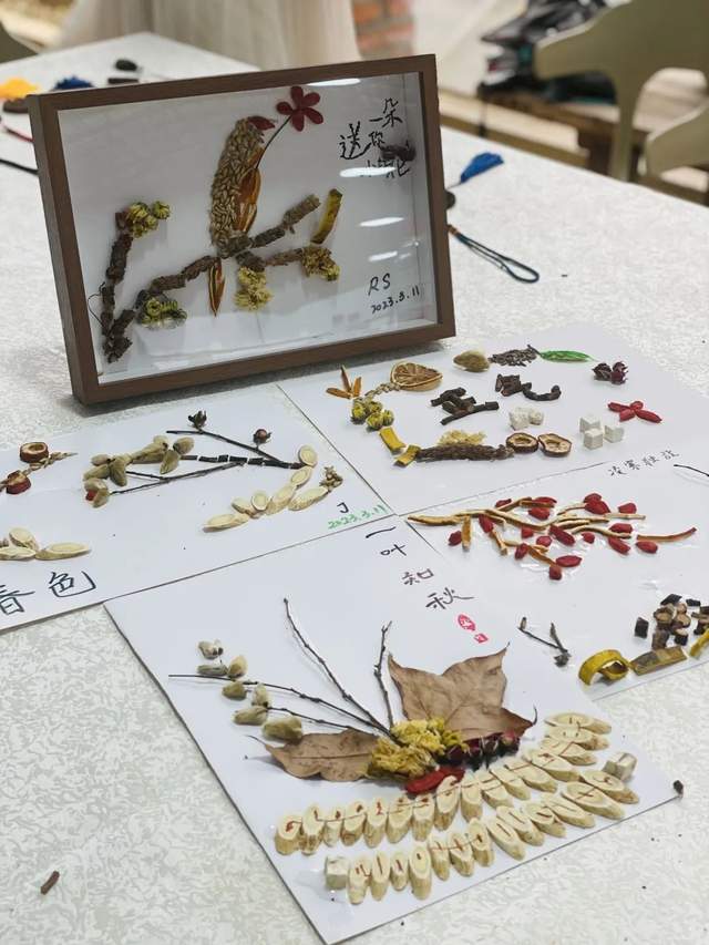 下午的"中草药贴画"体验活动,四个小组的学员们用灵巧的双手,把一味味