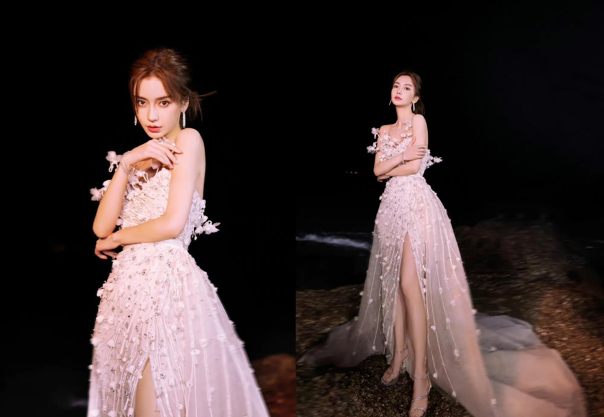 angelababy烟火流光夜海大片 一袭薄纱抹胸裙勾勒曼妙身姿 梦幻唯美