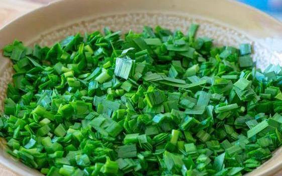 2.清洗干净沥干水分的韭菜,切碎,装入碗中;3.