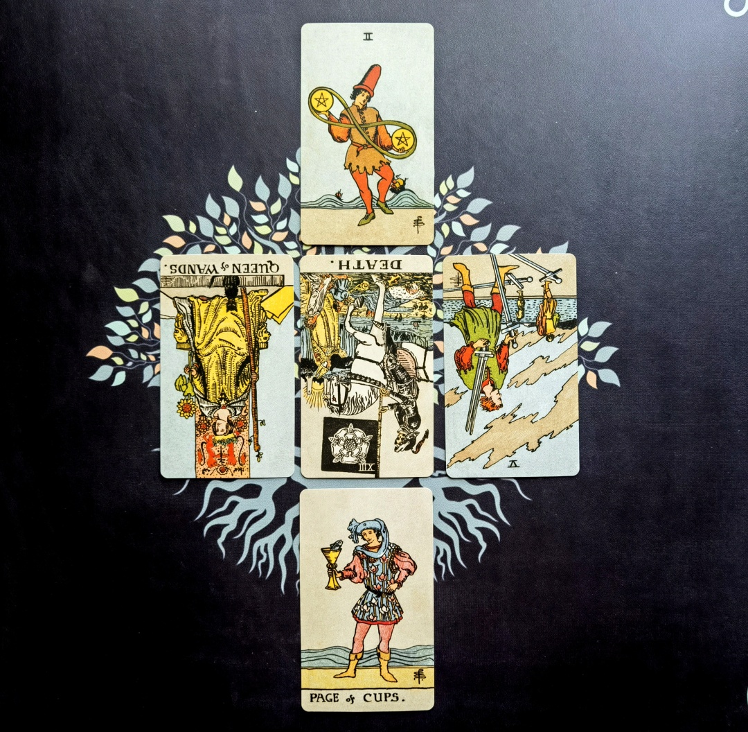 本周天秤座抽到的五张牌分别是:死神逆位,权杖皇后逆位,宝剑五逆位