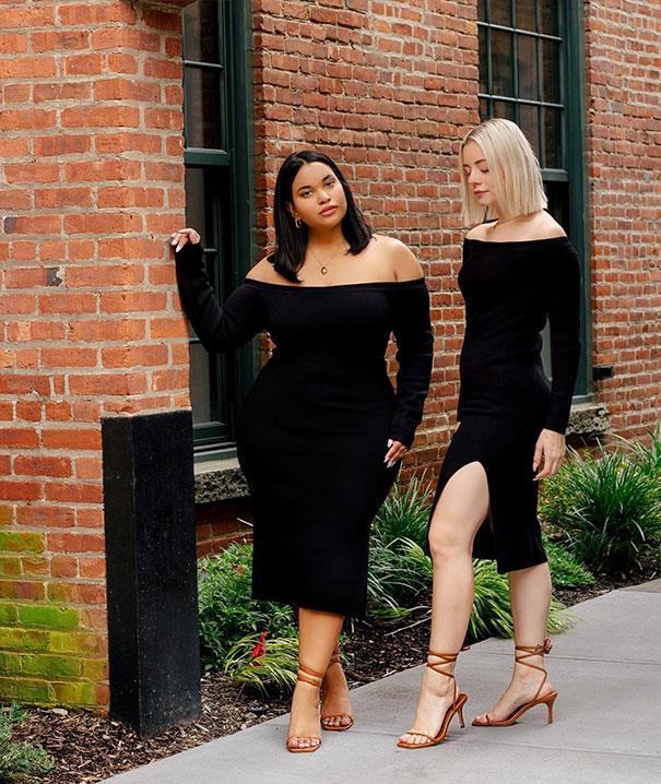 外国一对胖瘦穿同款搭配,胖女孩竟不输_黑色_衣服_吊带裤