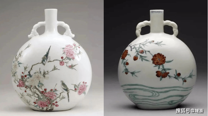 清朝：【粉彩「和諧」抱月瓶】仕様：高さ32.3cm 胴径24cm 耳距10cm 口径5.5cm【b】 清乾隆粉青釉浮雕龙纹抱月瓶高39直径26.5厘米