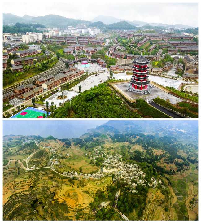 拼版照片:上图为2019年6月6日拍摄的贵州省晴隆县阿妹戚托小镇(无人机
