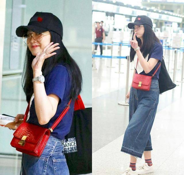 44岁王艳不服老,彩虹袜配卡通t恤扮嫩,网友:还是当年的晴格格_机场