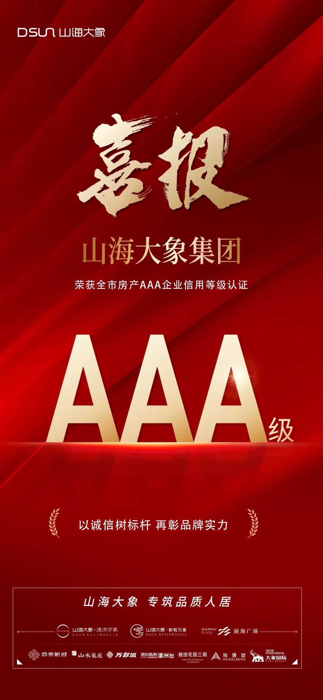 喜报| 山海大象集团荣获全市房产aaa企业信用等级认证_开发_建筑_日照