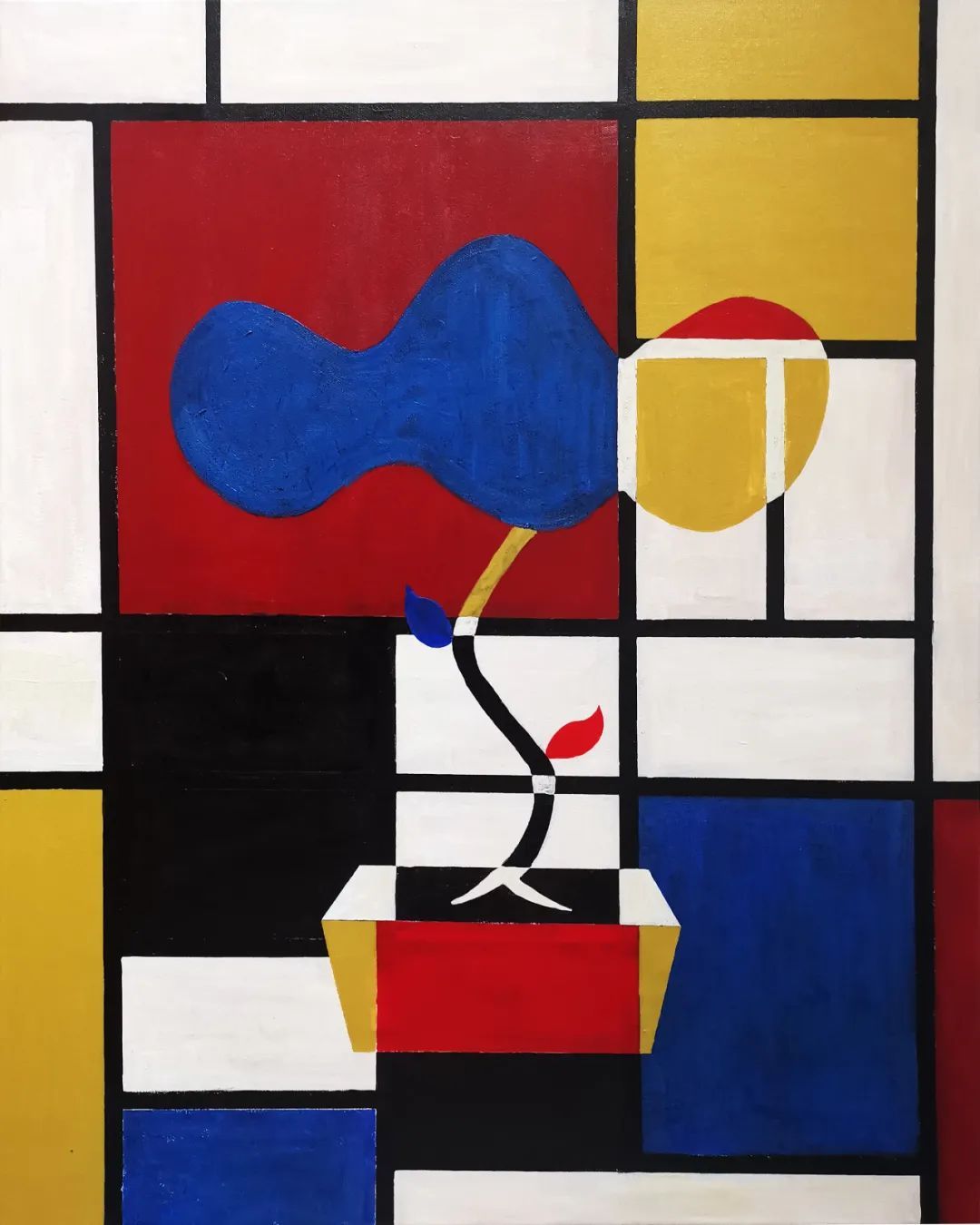 《云朵花—疑似蒙德里安红黄蓝构图》,布面丙烯,2022年 80×100cm""