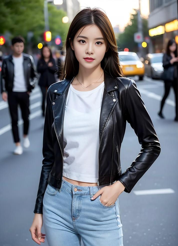 高清美女壁纸,皮夹克搭配破洞牛仔裤打造时尚女神风_休闲_黑色_版型