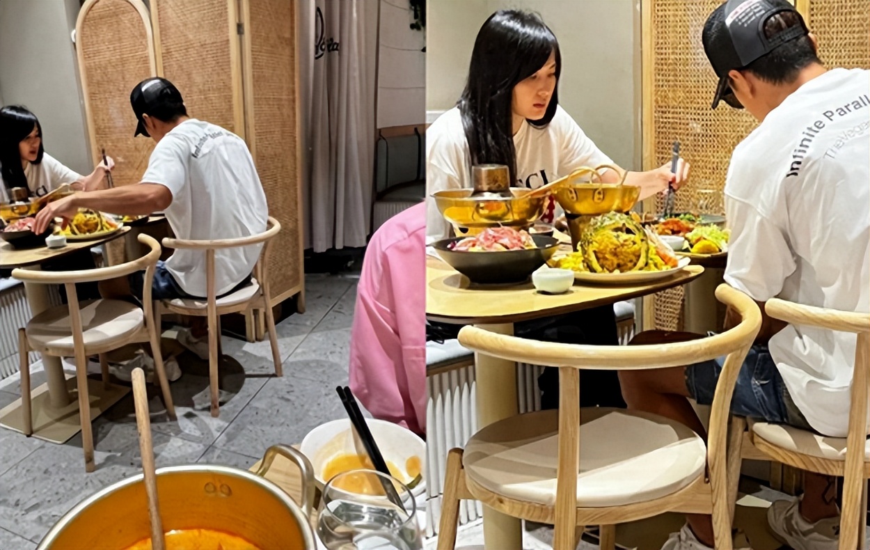 这次在餐厅吃饭只有吴尊夫妇两个人,没有带孩子,可能是两人游玩了一