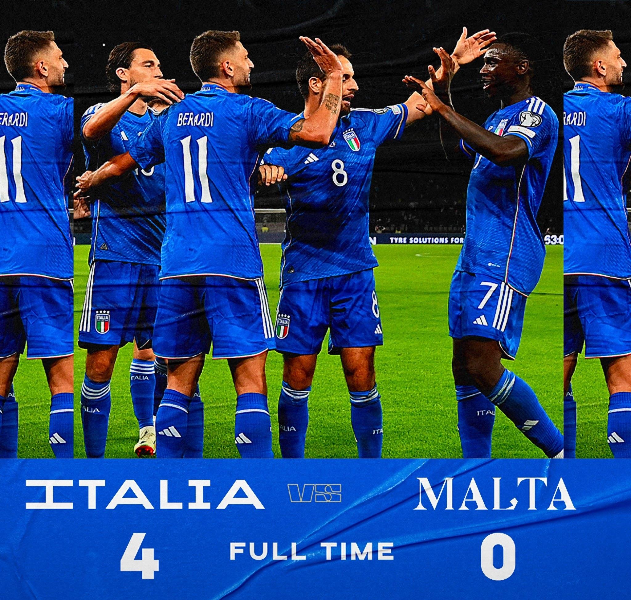 欧预赛-意大利4-0马耳他升c组第二 贝拉尔迪双响博