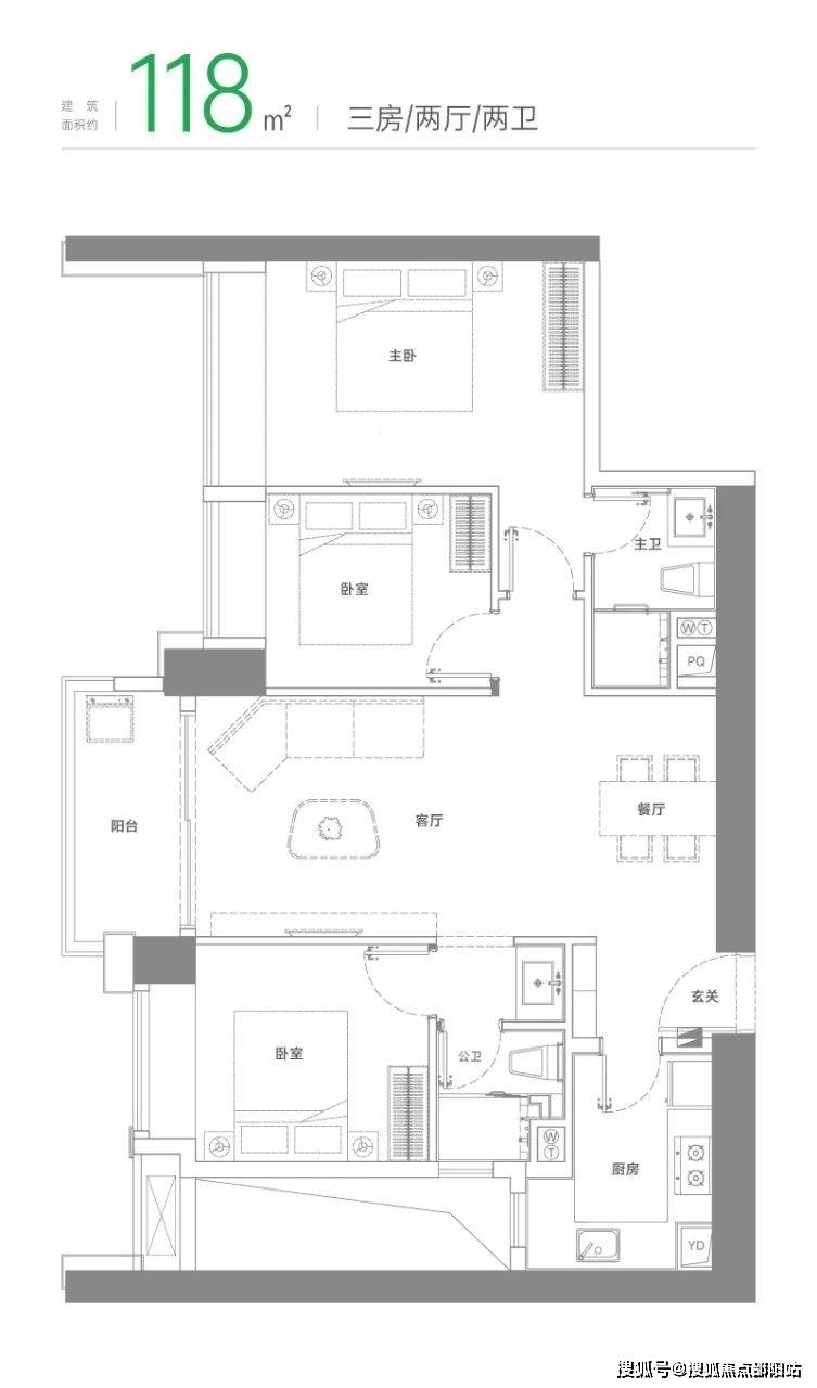a户型建筑面积约125㎡|三房/两厅/两卫:瞰景三房,飘窗,阳台拉开居住