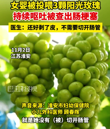 女婴被投喂3颗阳光玫瑰致肠梗阻_食物_婴幼儿_事件