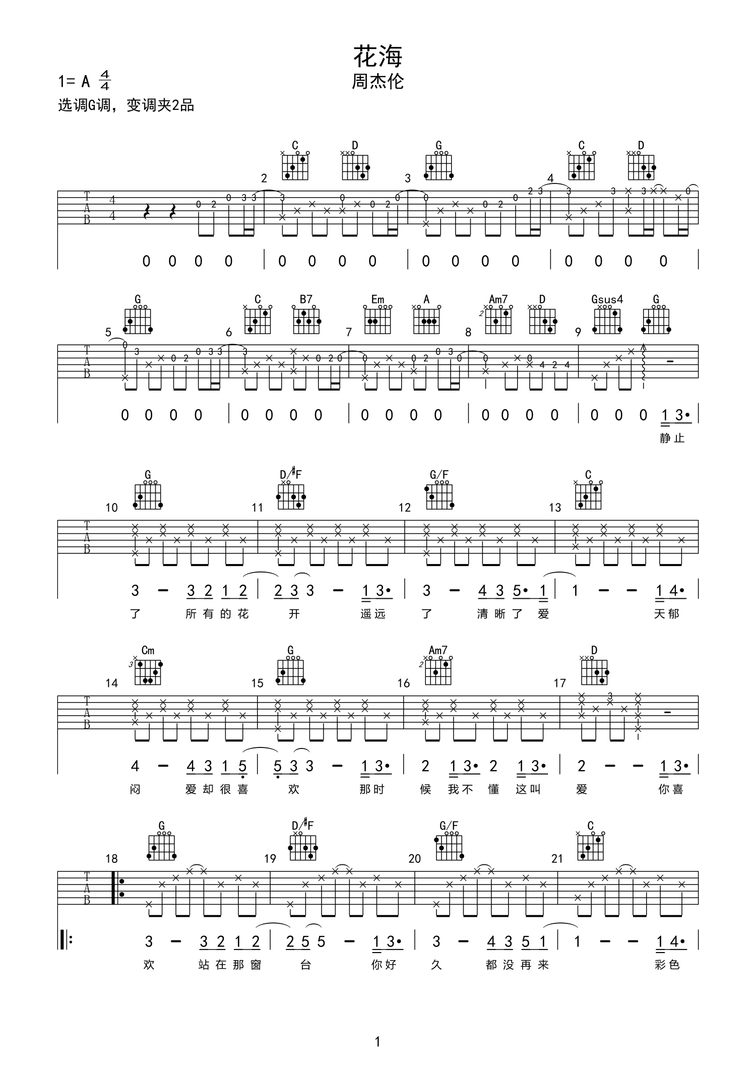 必学!热门歌曲周杰伦《花海》吉他谱分享