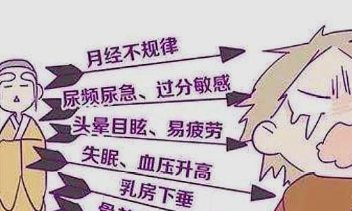 月经改变和生殖系统改变:月经紊乱,外阴及阴道萎缩,易反复发生阴道炎