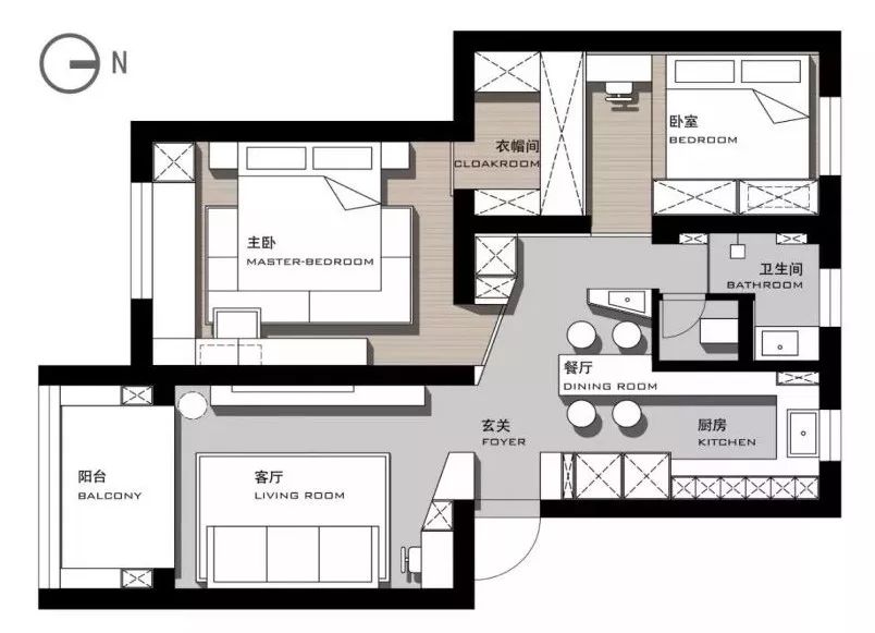 平面佈置圖入戶玄關處,左手邊精心定製了半高鞋櫃,巧妙實現鞋子收納與