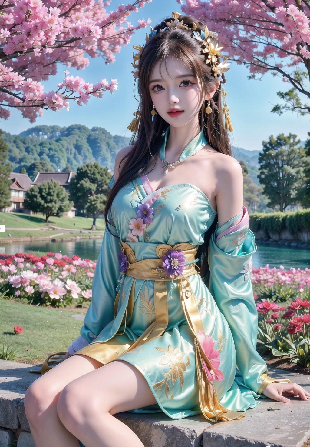 ai绘画-古装美女优雅坐姿_大自然_阳光_瀑布