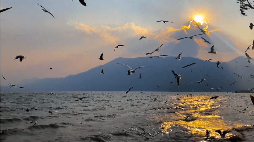 景致浪漫而惬意余晖洒在湖面沐浴在夕阳的温暖怀抱中对岸是西山睡美人