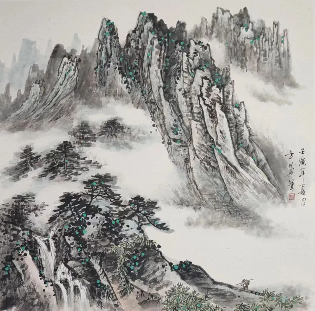 元日展会友 行近壮人作1.5尺幅立 水墨山水渓山清趣 縦193cm 幅54cm 元日展会友 行近壮人作1.5尺幅立 水墨山水渓山