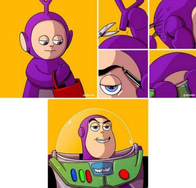 "毁童年"的动漫插画,天线宝宝变缩头乌龟,皮卡丘成