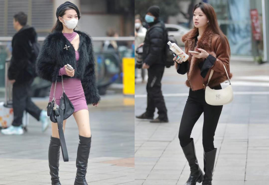 被重庆女生时尚街拍惊艳,靴要长筒,外套带皮毛,时髦洋气还保暖