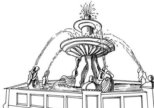 07.用相对于虚的短线条绘制喷泉水池的水面,注意不要画得太满.08.