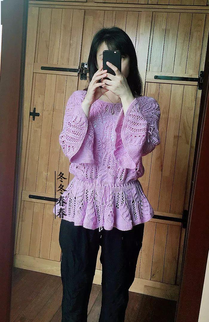 女士棒针经典棕榈花荷叶摆套衫(附图解)