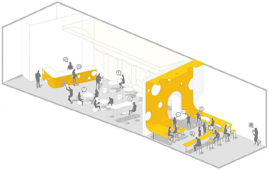 ▼甜品工坊轴测图这家甜品工房位于商场的下沉广场,靠近主入口.