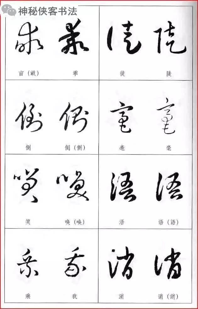 草書常見易錯字比較表