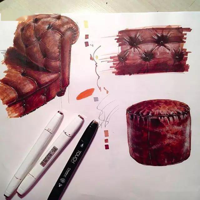 汽车坐垫的手绘表达(皮革)皮革背包的色彩表达.