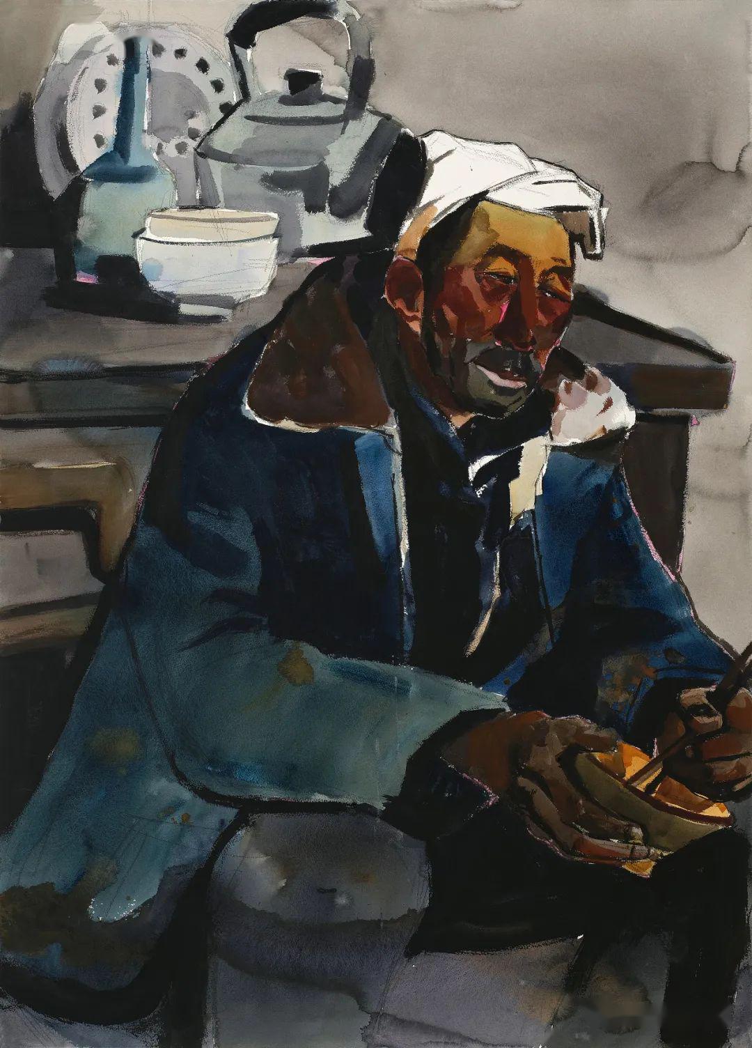 乡土系列之端着金色瓷碗的陕北老汉  纸本水彩  110×79cm