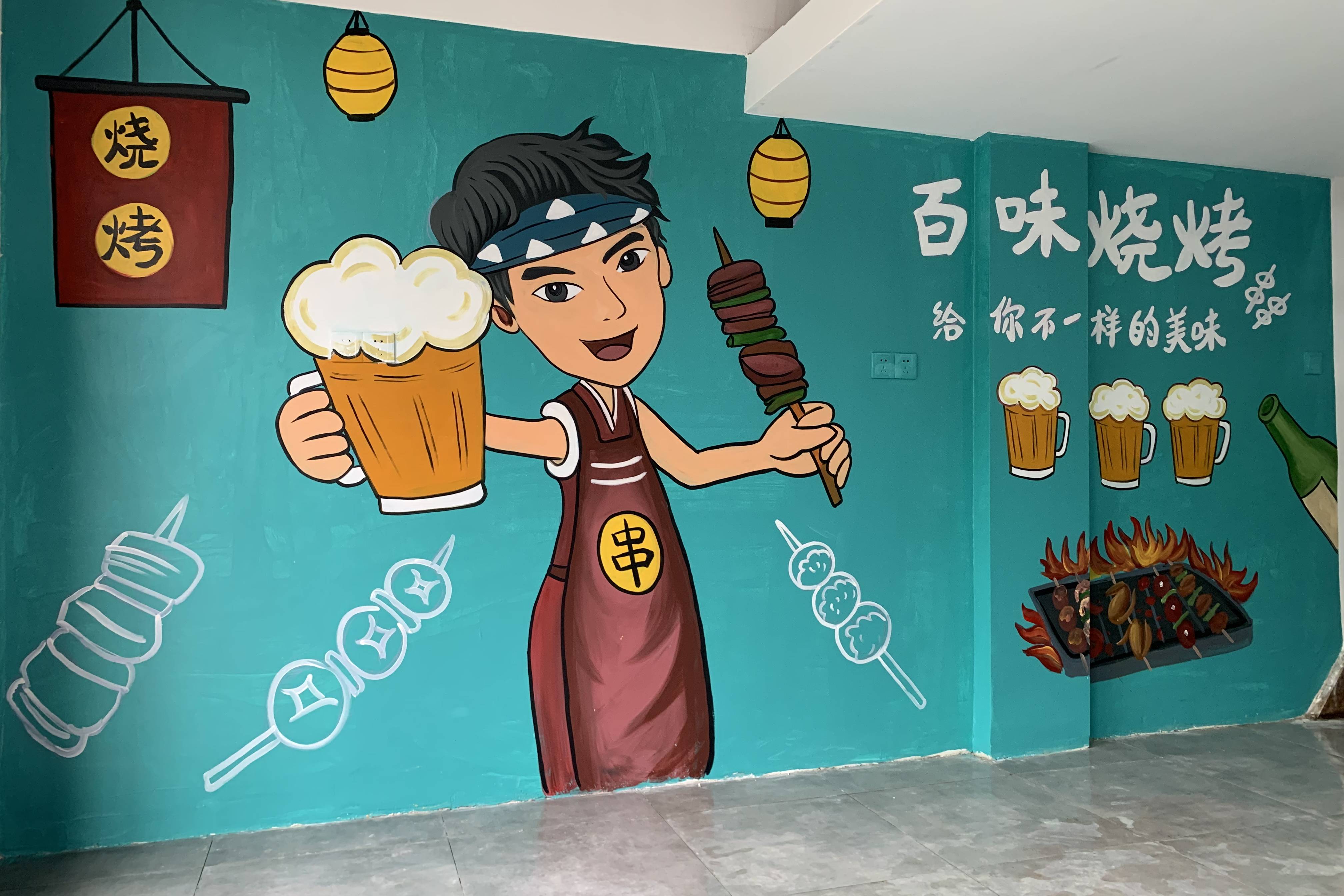 武汉墙绘湖北墙体彩绘烧烤店卡通手绘墙