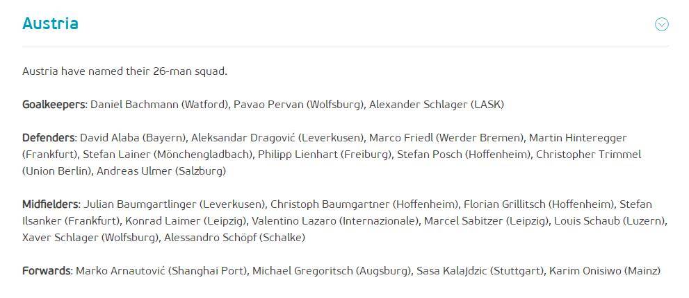 奥地利更新欧洲杯名单：缩减至26人 四线皆少1人_霍芬