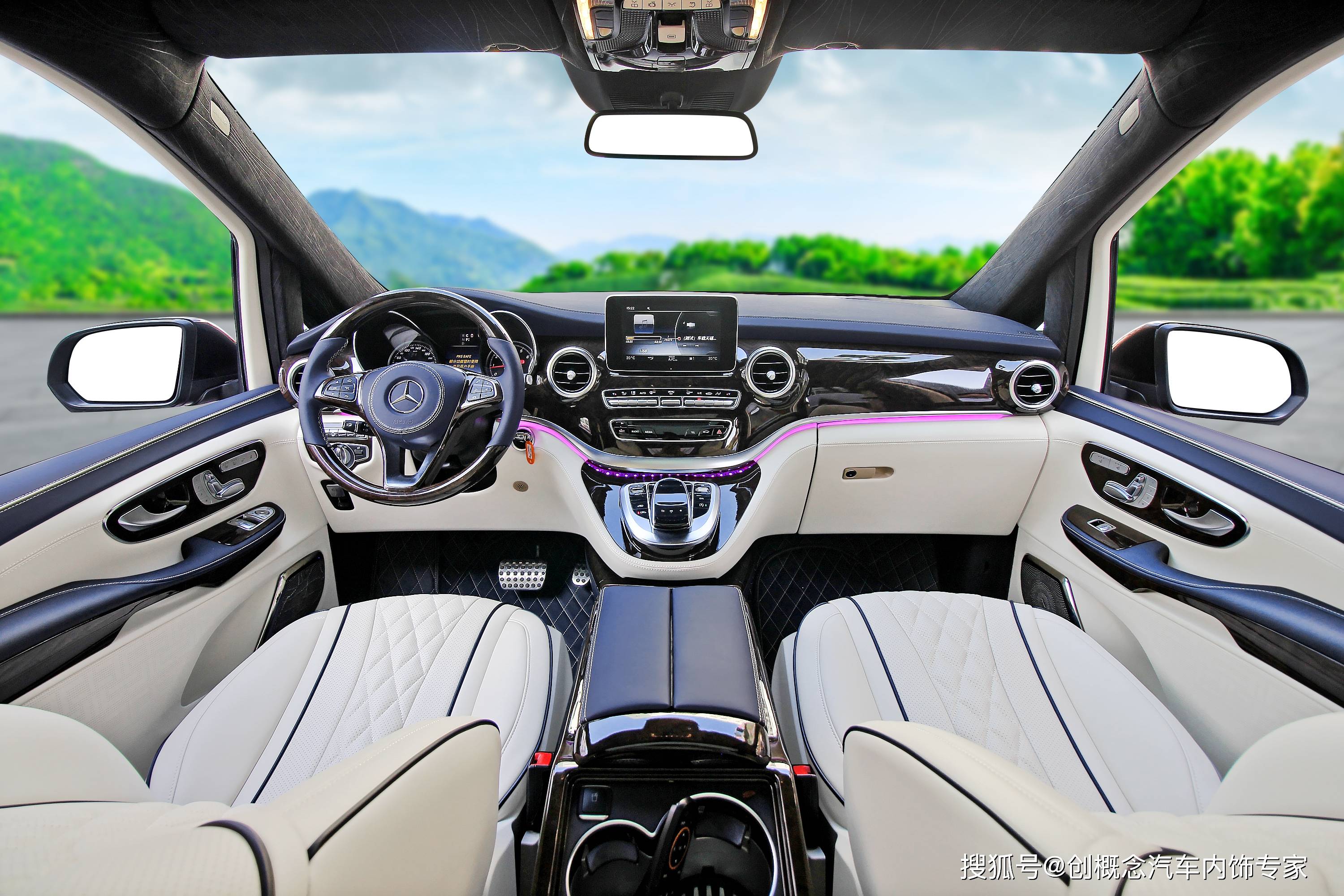 深圳奔驰v260七座无隔断内饰改装蓝白色双开门简约商务感爆棚