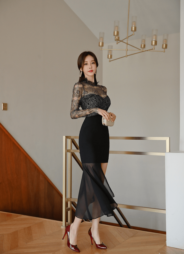 鱼尾|女神孙允珠高清时尚搭配：冬萤暗褐梧桐星霜刺绣鱼尾裙
