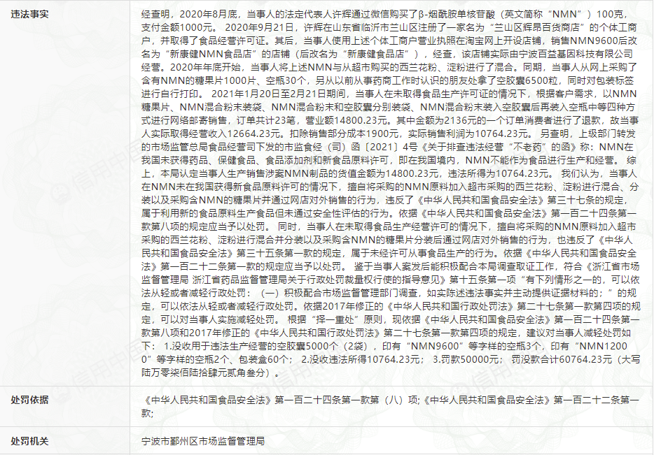 宁波百益基因公司因违规生产NMN产品被罚没6万元(图2)