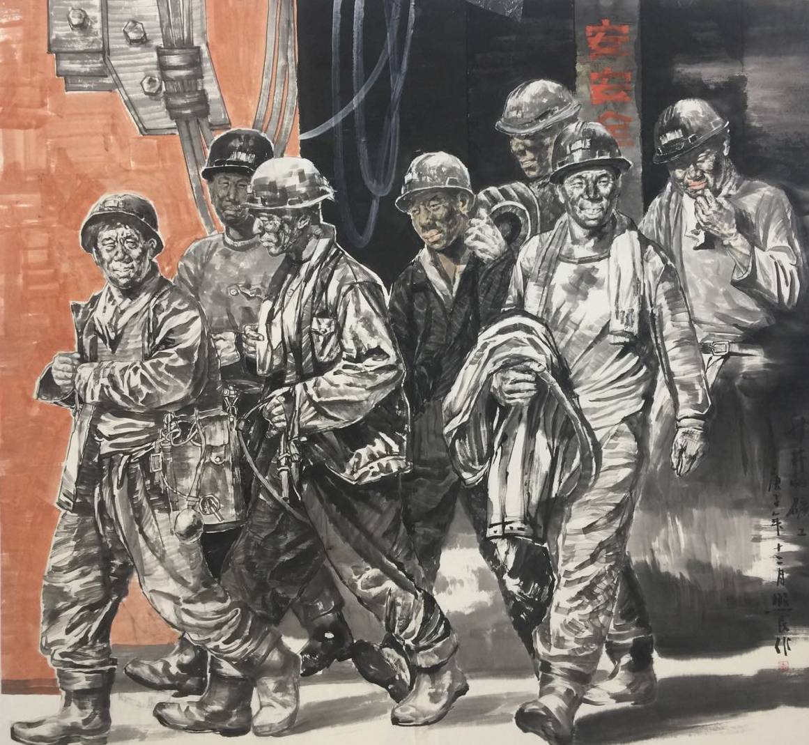《升井的矿工》180x180cm▲《我的矿工兄弟》180x180cm▲《老伙挤》