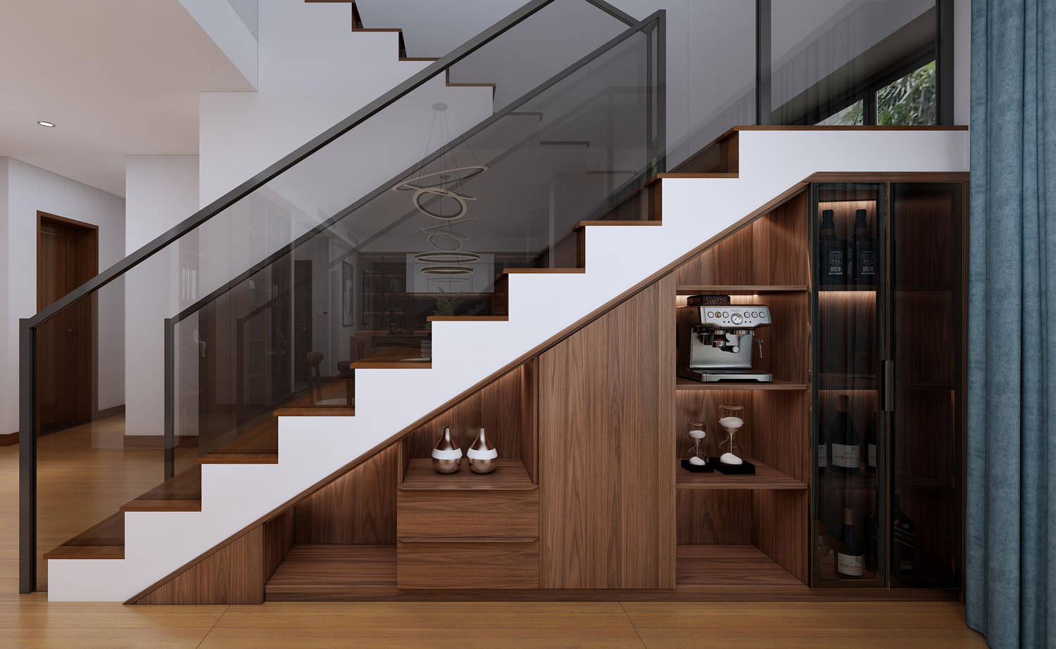 充分利用空间,在楼梯下方定制柜,将收纳隐藏于无形.