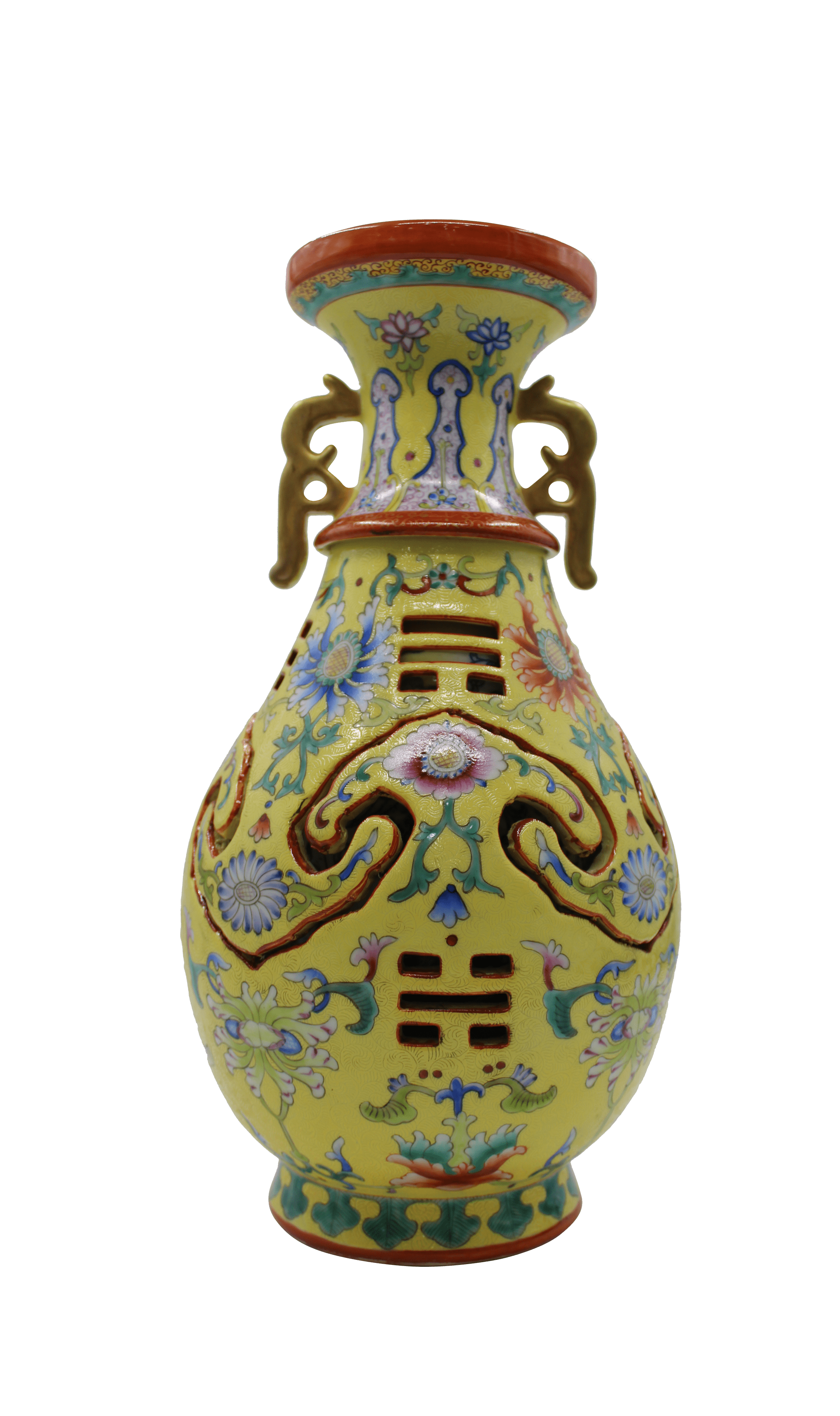大清乾隆年製 款 黒地 粉彩 唐人花文 瓶 高さ約45.5cm-