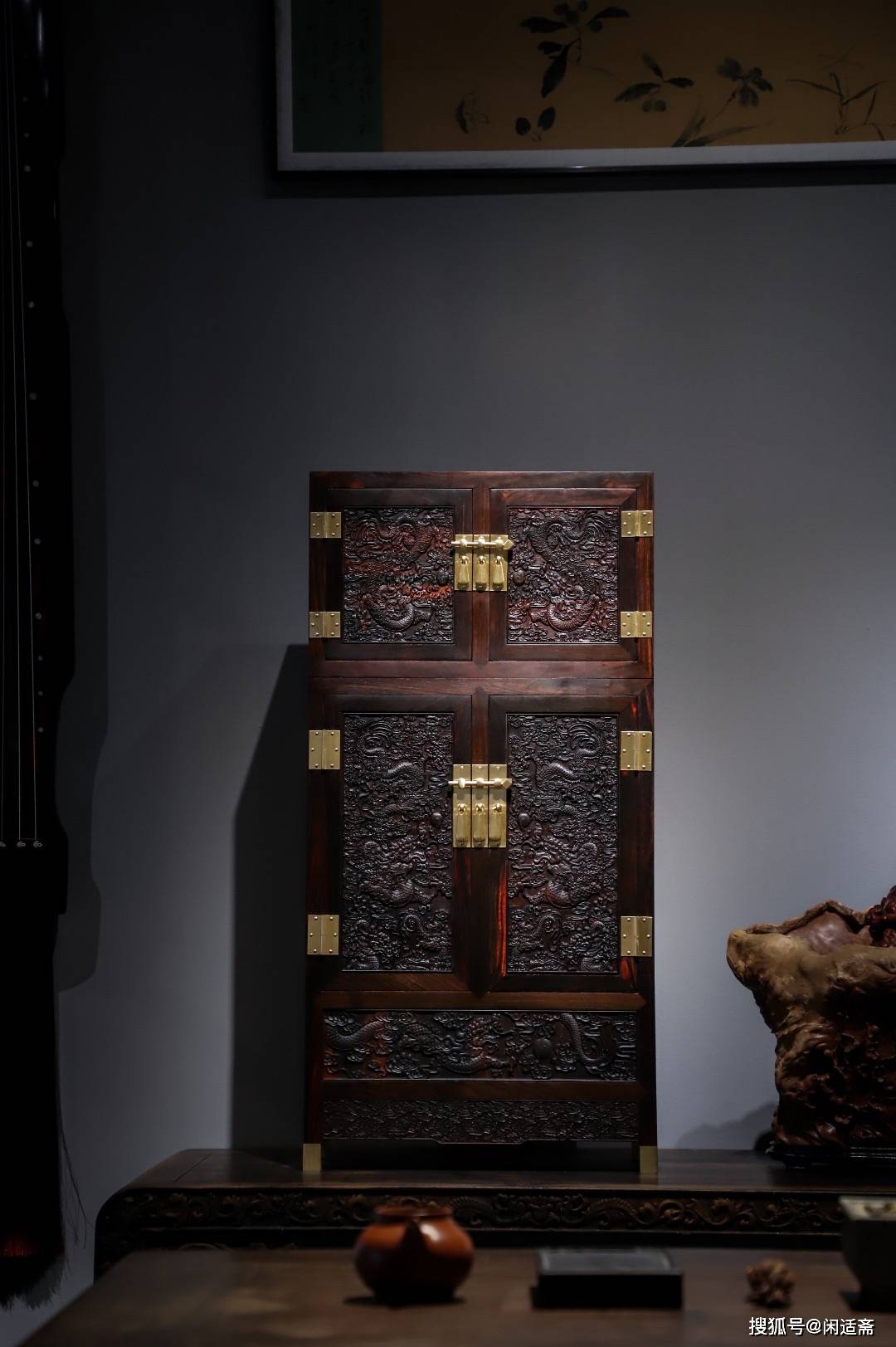 文人雅室,大红酸枝,龙纹文玩藏柜_紫檀_顶箱_造型