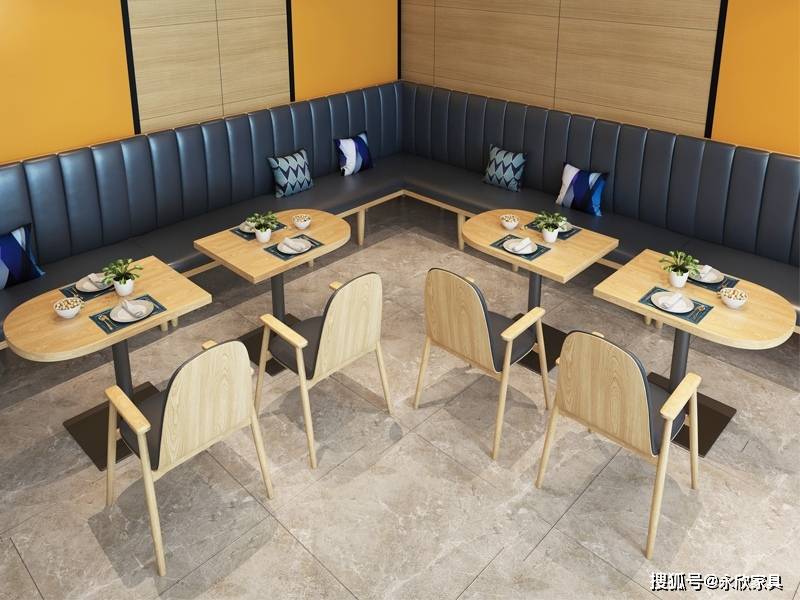 长条靠墙转角卡座沙发搭配桌子椅子整体效果图